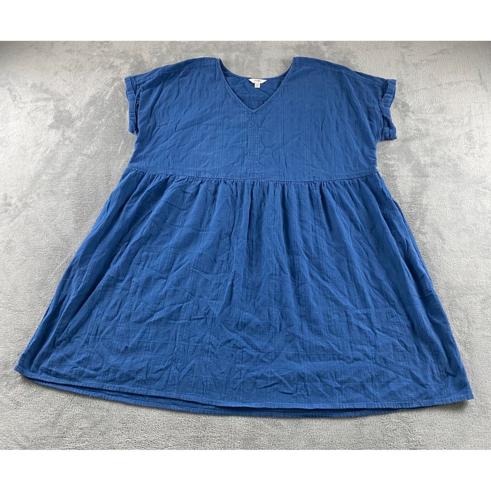 Terra & Sky Womens 2X Blue Textured Gauze Babydoll Dress V-Neck Short Slv Pocket